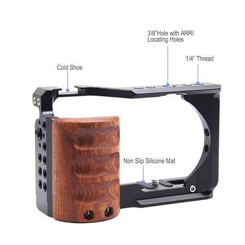 ZV-E10 Camera Cage with Wooden Handle -Clod Shoe and Locating Threaded Holes for Sony ZV-E10 Video Camera-A004