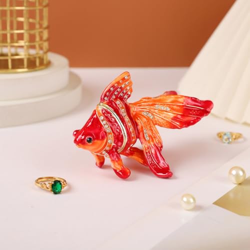 Lucky Goldfish Shape Trinket Box Hinge Hand-Painted Small Jewelry Ring Holder Boxes Enamel Animals Craft Christmas Gift for Women