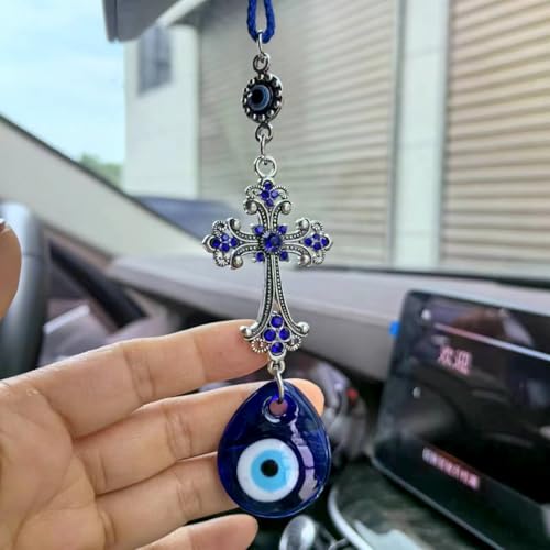 Evil Eye Crystal Cross Talisman Fatima's Holy Hand Pendant Decoration, Lucky Blue Evil Eye Hanging Ornament for Car, Home and Office for Protection and Blessing (1pc Water Droplet Evil Eye) 1pc Water Droplet Evil Eye