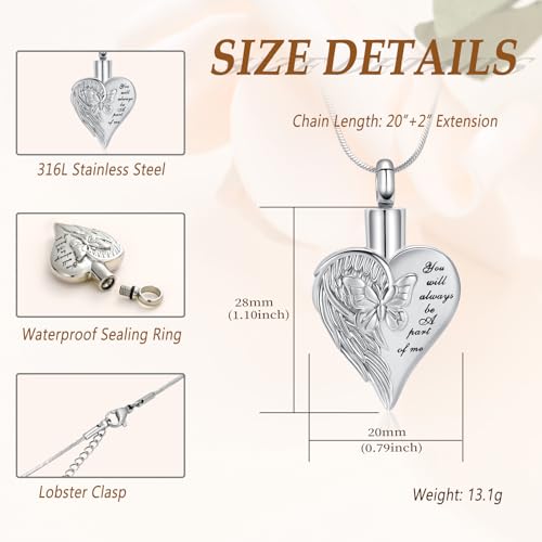 Minicremation Butterfly Heart Urn Necklace for Women Stainless Steel Wings Butterfly Cremation Jewelry w/Funnel Filler Keepsake Memorial Jewelry Gifts for Women Silver
