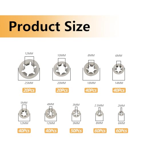 Mostantu stainless steel internal tooth star lock washers set, 370-piece silver assortment in 9 sizes