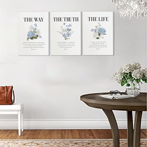 3Pcs Christian Canvas Wall Art John 14 6 the way the truth the life biblical quote Wall Decor Pictures Floral Prints Paintings Blue Scripture Artwork for Bathroom Room Home Decoration 12x16in 16L"x12W"