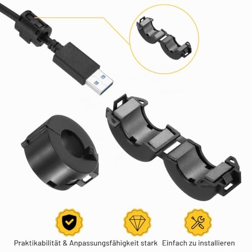 QUARKZMAN Ferrite Ring Core 15 mm ID RFI EMI Cable Clip Black Pack of 5 | Noise reduction cable clip for USB cable, audio and video cable power cable 15mm