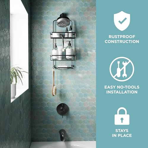 Zenna Home Rustproof Hanging Shower Caddy, Over the Shower Head Caddy with 2 Shelves and Built In Hooks, Aluminum Bathroom Hanging Organizer, Black