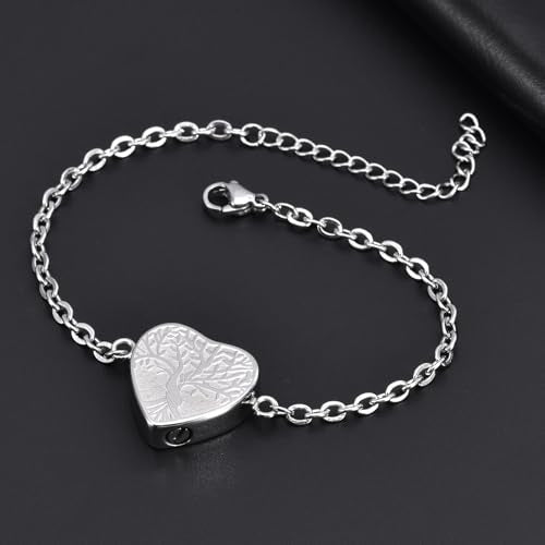 RIPFEVURN Heart Tree of Life Cremation Jewelry Urn Bracelet for Ashes for Women Memorial Ashes Keepsake Link Bracelet Silver