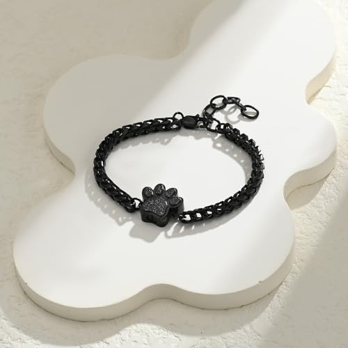 Paw Print Urn Bracelet for Ashes for Dog/Cat Cremation Jewelry Cute Animals Adjustable Memorial Keepsake Bracelets Jewelry for Ash Holder Black