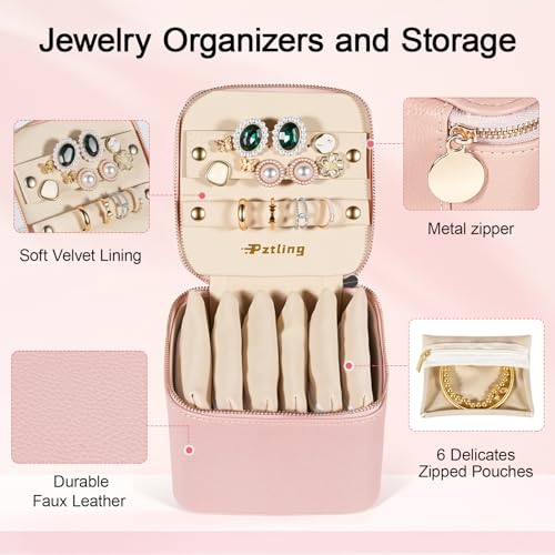 Travel Jewelry Case Organizer - Compact PU Leather Jewelry Box with 6 Small Portable Velvet Jewelry Pouches & 2 Inner Lid Slots for Rings Earrings Necklaces Bracelets,Ideal Gift for Women Girls (Pink) pink
