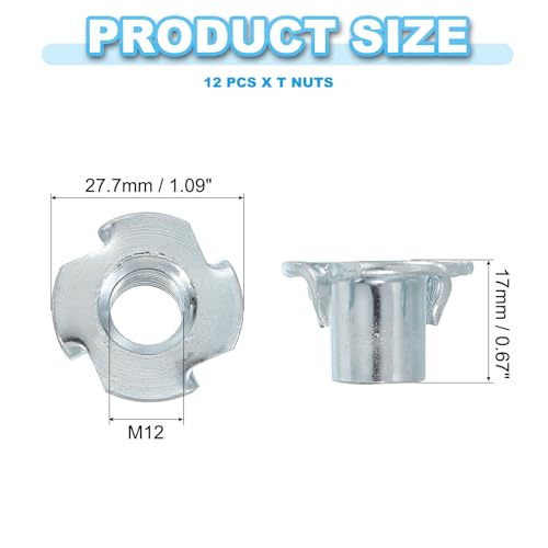 PATIKIL M12 zinc-plated steel T-nuts, 4-prong tee blind threaded inserts for wood furniture and cabinetry