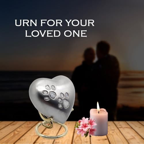 5MOONSUN5's Handcrafted Heart Urn Keepsake Cremation for Human Pet Ashes Engraved Heart Shaped for Adults & Infants Honor Your Loved One, Silver, Comes with Brass Stand & Premium Box