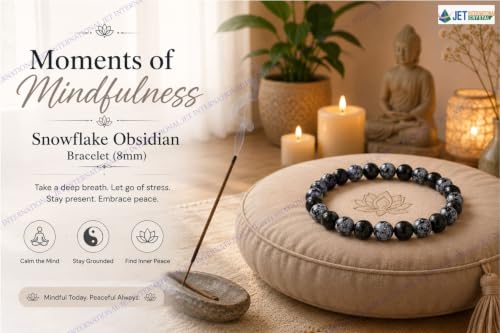 Jet International New Round Beads Stretch Bracelet Natural Genuine Gift Snoflake Obsidian