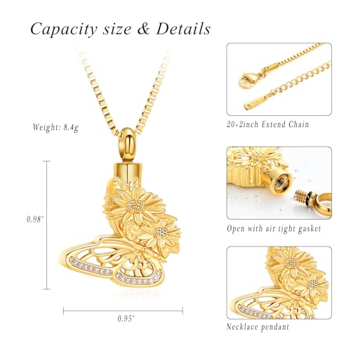 XSMZB Butterfly Sunflower Urn Necklace for Ashes for Women Cremation Jewelry Ashes Holder Keepsake Pendant Gift for Loss Loved One Gold