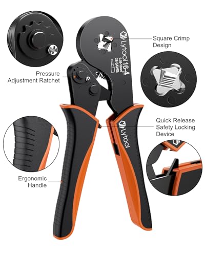 Lytool square wire ferrule crimping tool, AWG 28-5 ratchet crimper pliers