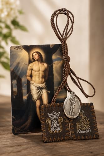 Westmon Works St. Sebastian Scapular Set with Medal & Prayer Card – Patron Saint of Athletes – Brown Cord Catholic Necklace with Embroidered Cloth – Made in USA Laminated Holy Card