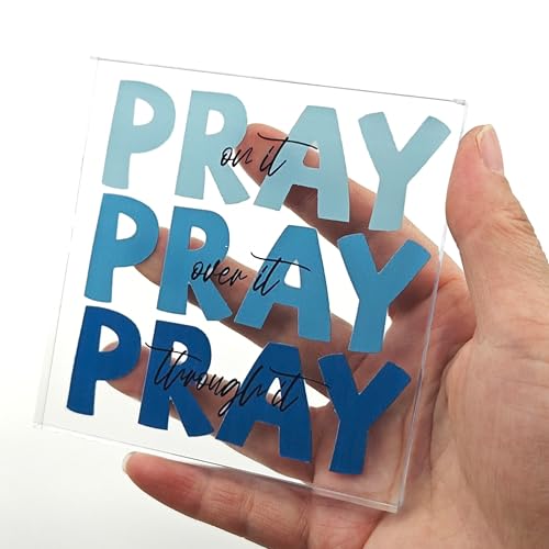 Religious Gifts for Women, Inspirational Decor Pray Over It Bible Verse Christian Gifts, Office Desk Accessories Decor Art Sign 4x 4 Inches (Blue)