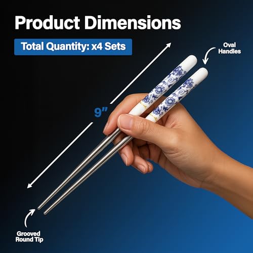 Mandala Crafts reusable floral titanium chopsticks with case, set of 4 pairs, lightweight and durable for dining.