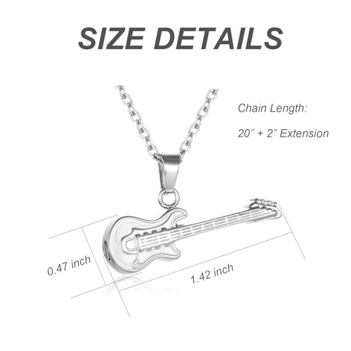 Guitar Cremation Jewelry for Ashes, Stainless Steel Guitar Shaped Urn Necklace for Men Women, Music Memorial Keepsake Pendant with Screw-Thread Chamber for Loved One Silver