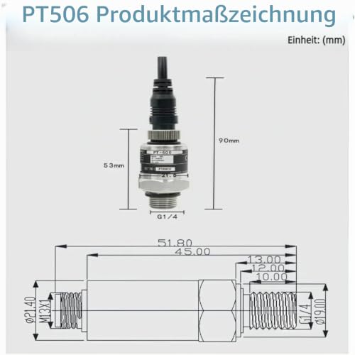 Stainless Steel Pressure Transducer 0-10 Bar Pressure Sensor 1 Mpa Pressure Transmitter Highly Accurate Water Pressure Sensor Bends 24 V DC 4-20 mA Output G1/4 Inch for Water Gas, Protection Class IP68