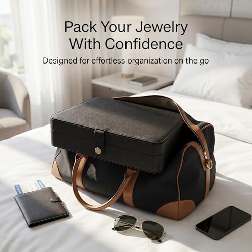 Hives & Honey Opal Jewelry Travel Case with Mirror – Anti-Tarnish Felt Lining, Ring Rolls, Divided Compartments, Elastic Lid Pocket, Secure Snap Closure, Portable Jewelry Organizer for Travel Black