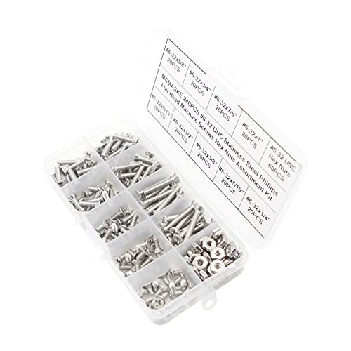 MCMASKE #6-32 UNC 304 stainless steel Phillips flat head machine screws and nuts assortment kit