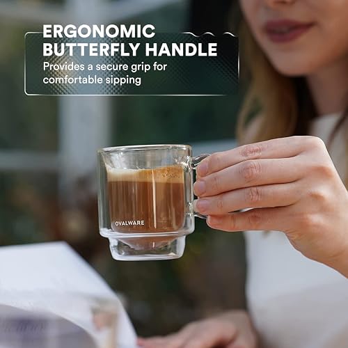 Set of 4 ovalware espresso coffee cups with butterfly handles, 4oz/120ml, featuring elegant design and durable ceramic construction.