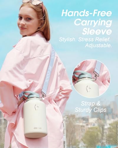 Coolflask Half Gallon Water Bottle Insulated Stainless Steel with Strap Glacier White 64 Ounces