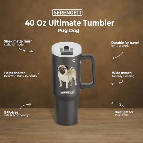 E&S Pets SERENGETI 40 Oz Ultimate Tumbler with Handle and Straw - Vacuum Insulated Tumbler with Straw and Lid - Stainless Steel Travel Mug for Pet Lovers - 3D Designs of your favorite Dog (Pug) Pug