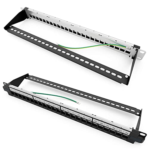 hb-digital 24 Port Patch Panel Distribution Panel Patch Panel Modular for RJ45 Keystone Module 19 Inch CAT 5 CAT 6 CAT 7 for Network Cabinet LAN Professional TIA568A TIA568B Switch Earth Cable - Black