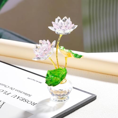 Arikyrist Pink Crystal Lotus Flower with Vase, Handmade Gifts for Women on Birthday, Mother's Day, Home & Office Decor, 2 Duo-Pink
