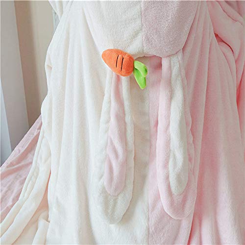 Cute Bunny Super Soft Hooded Shawl Lolita Warm Comfy Fleece Wearable Blanket (Pink White) Pink White