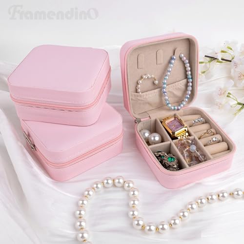 Framendino, 8 Pack Mini Travel Jewelry Box Small Organizers Portable Display Storage Case Pink
