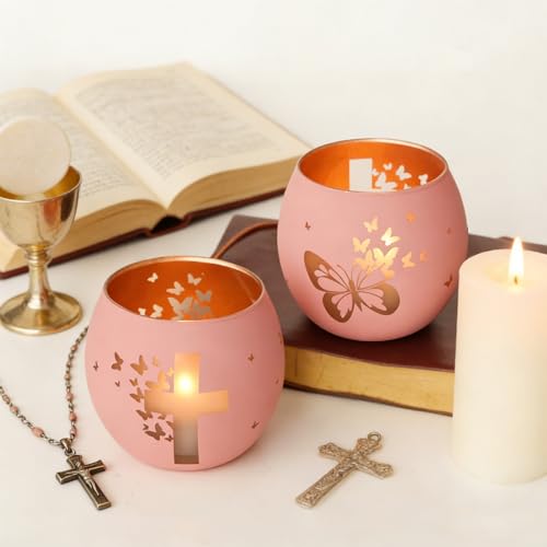 Pink Butterfly Cross Candle Holders 2Pcs Religious Christian Gifts Butterfly Pink