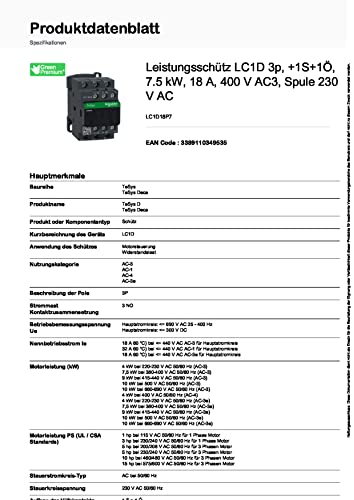 Schneider Electric SC5LC1D18P7 Switch 440 V 18 A – White | +1S+1NC, 7.5 kW, 18A, 400V AC3, 230V AC 230 V Single