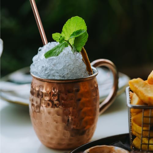 TINSKY Moscow Mule Mugs with Handles 16oz 4 Set Pure Copper Cups for Drinking Hammered Copper Glasses, Welded Handles 4 Straws for Cocktails, Beer, Cold Drinks, Party, Gift Giving