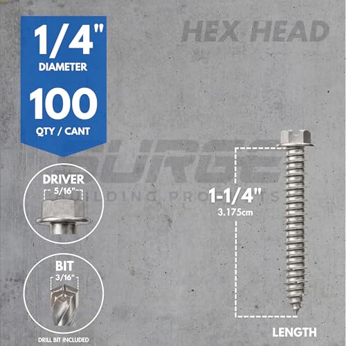 SURGE BUILDING PRODUCTS 1/4 x 1-1/4 inch hex 410 stainless steel concrete screws with bit, box of 100