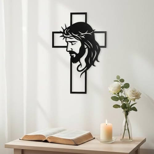 WNXURT Father’s Day Christian Gift, Jesus Cross Metal Wall Art, Religious Wall Sculpture, Christian Faith Decor for Home, Church, Prayer Room, Black, 12.59 x 9.84 Inch Black Jesus Cross