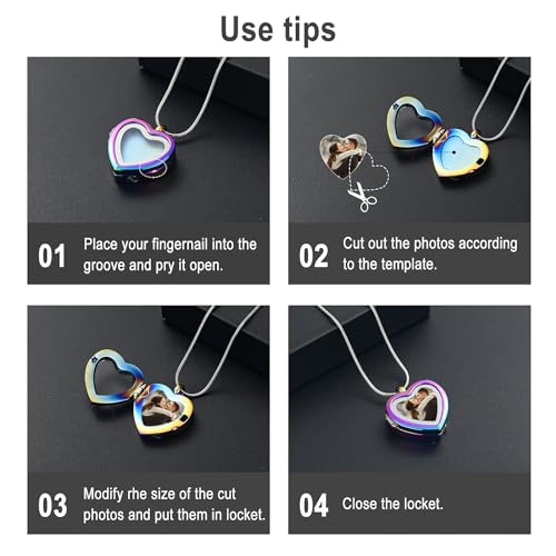 Cremation Jewelry Necklace for Ashes Heart Shaped Memorial Picture Lockets for Ashes Stainless Steel Keepsake Urn Ashes Pendants That Holds Pictures Photo Rainbow