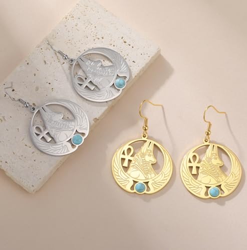 Egyptian Anubis Earrings Ankh Cross Goddess Isis Wing Scarab Wicca Pagan Gemstone Magic Power Amulet Ancient Egypt God Mythology Jewelry Gift Women Men gold