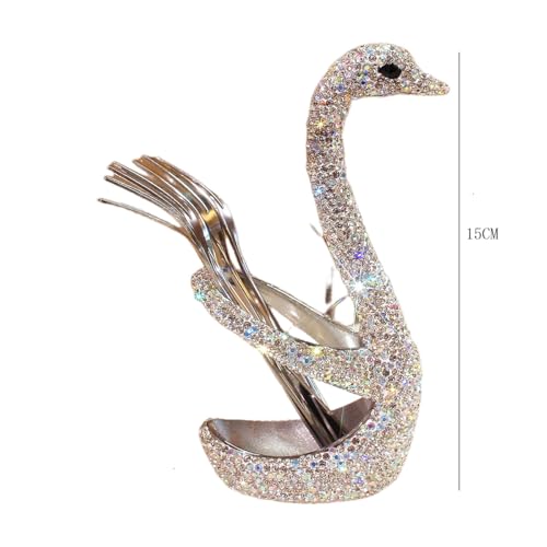 Luxury Crystal bling 304 Stainless Steel Fruit Forks - Rhinestone Metallic Elegant Swan Design Cake Fork Set for Home Use (Silver) Silver