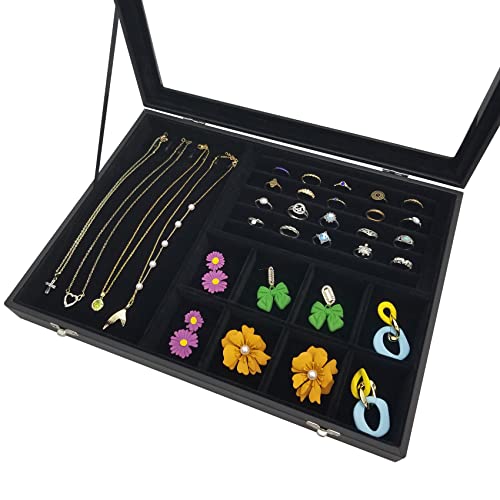 Clear Lid Jewelry Organizer Box for Women Wife Girlfriend Black-8 grids & 5 ring slots & 7 necklace hooks
