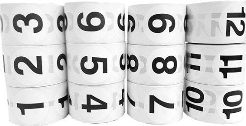 Number Labels 1.5" Round Bulk Package 1-12 White Stickers with Black Numbers