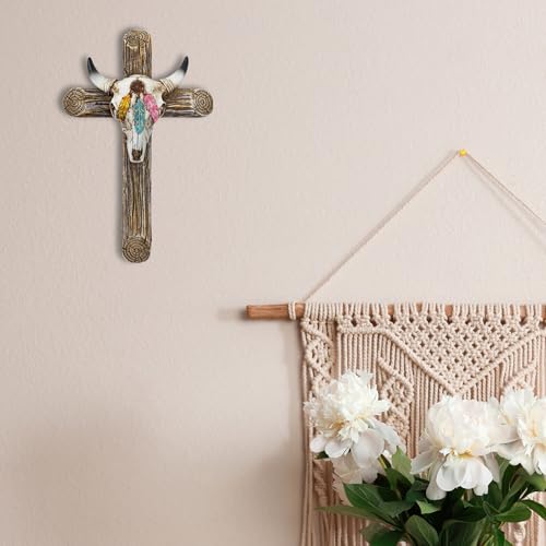 BestGiftEver Rustic Southwestern Wall Cross Faux Wood Steer Skull