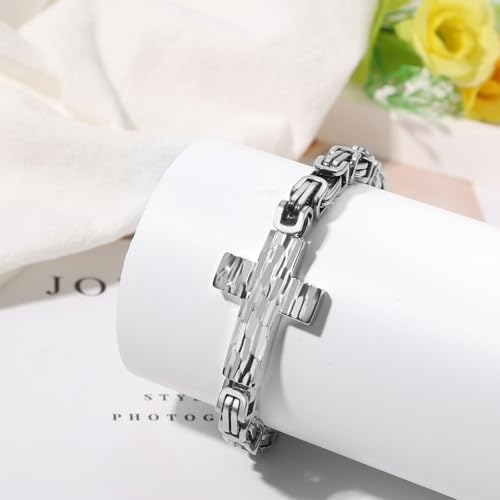 Flongo Men’s Byzantine Cross Bracelet – Silver Stainless Steel Link Bracelet Christian Jewellery Symbol of Faith Strength and Courage Religious Gift for Men Communion Baptism Easter Church Silver
