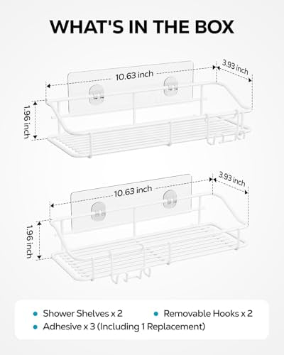 White Nieifi shower caddy adhesive set with two bathroom shower shelves and shampoo holders, wall-mounted for convenient storage