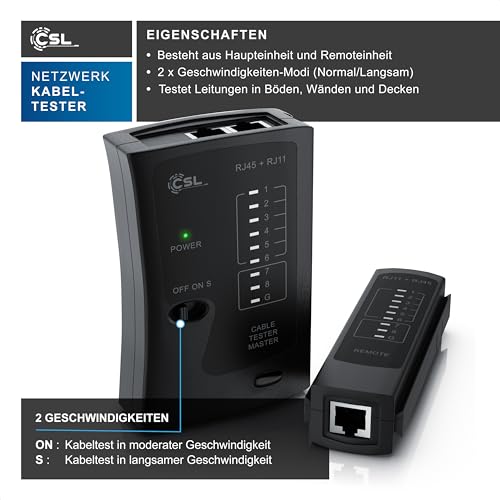 CSL - Network Tester - Network Cable Tester - for RJ45 and RJ11/12 (25)/14 Cable - Patch Cable Tester - LAN Network Cable Tester - 2 Speeds - Test LEDs for Precise Testing