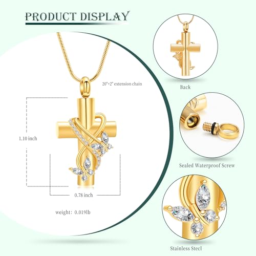 Butterfly Cross Cremation Jewelry Urn Necklaces Stainless Steel Cross Urn Necklaces for Ashes Memorial Keepsake Pendant for Women Gifts With Funnel Kit & Bag Gold+White