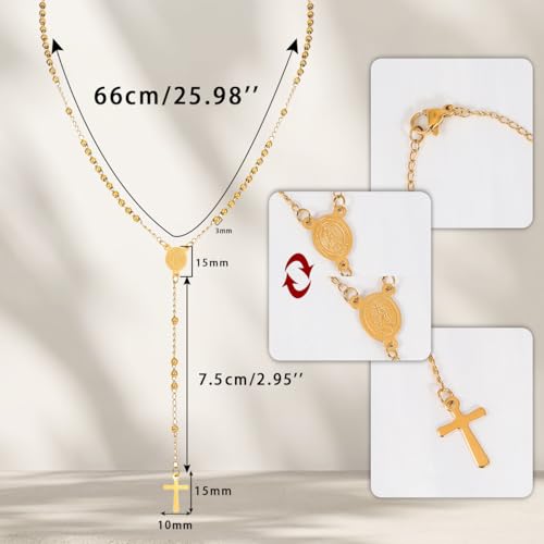 Eigso Pearl Necklaces for Men Women Rosary Catholic Necklace for Man Woman Christian Crucifix Pendant Chain Necklace A4 : 3MM Gold