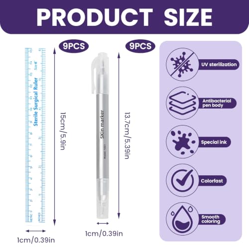 9 x Skin Markers, Tattoo Markers, Tattoo Pens, Adults, Professional and User-Friendly, Durable and Waterproof Ink, Double-Sided Design for Precise Drawing