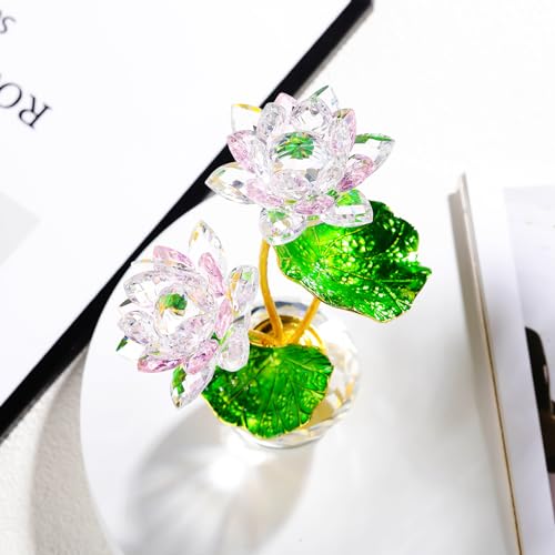 Arikyrist Pink Crystal Lotus Flower with Vase, Handmade Gifts for Women on Birthday, Mother's Day, Home & Office Decor, 2 Duo-Pink