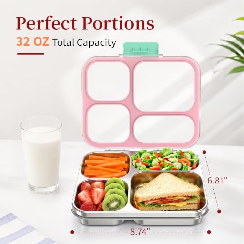 Stainless Steel Lunch Box for Kids, Leakproof 4 Compartment Kids Bento Lunch Box with Clear Lid, BPA-Free Steel Lunch Box Containers for School Travel (Pink) Pink