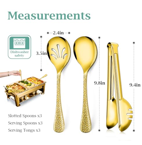 Teivio Hammered Stainless Steel Metal Serving Utensils Set of 9, 10" Serving Spoons, 10" Slotted Spoons, 9" Serving Tongs, Large Hostess Serving Set for Parties Chafing Dish Buffet Catering (Gold) Gold-9pcs-Hammered